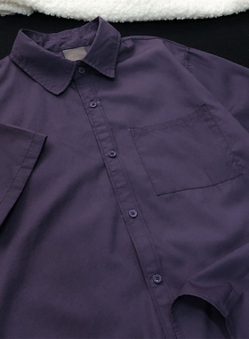 TRYEX夏季紫色衬衫女薄款感宫廷紫衬衣深紫色日系复古上衣短袖男