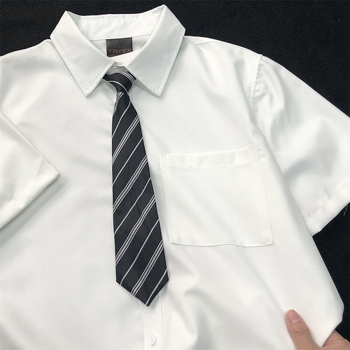 白色短袖衬衫男夏季学院风校服毕业黑色内搭领带男生白厚实制服衫