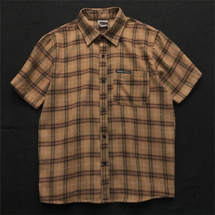 夏季老钱美式格子衬衫短袖男2026古着棕黄色格纹咖啡色气质衬衣