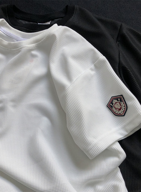 夏季新款白色T恤衫华夫格袖章短袖t恤男女宽松潮牌情侣款圆领上衣