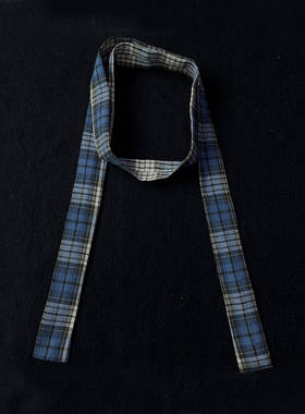 韩版撞色格子细长条围巾男女同款百搭小围巾高级感蓝色围脖装饰潮