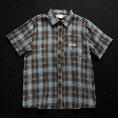 夏季新款撞色格子衬衫男女短袖工装衬衣美式高街复古情侣宽松上衣