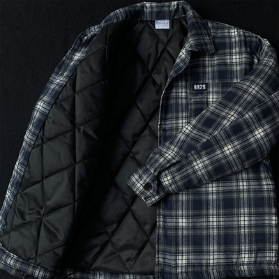 美式复古衬衫式外套薄款夹棉棉服男秋季新款翻领蓝色格子布棉衣女