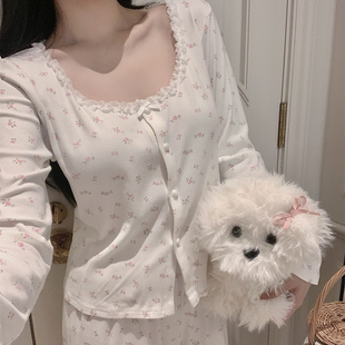 欧若拉睡衣女【Miu系小香】秋季莫代尔假开衫带胸垫两件套家居服