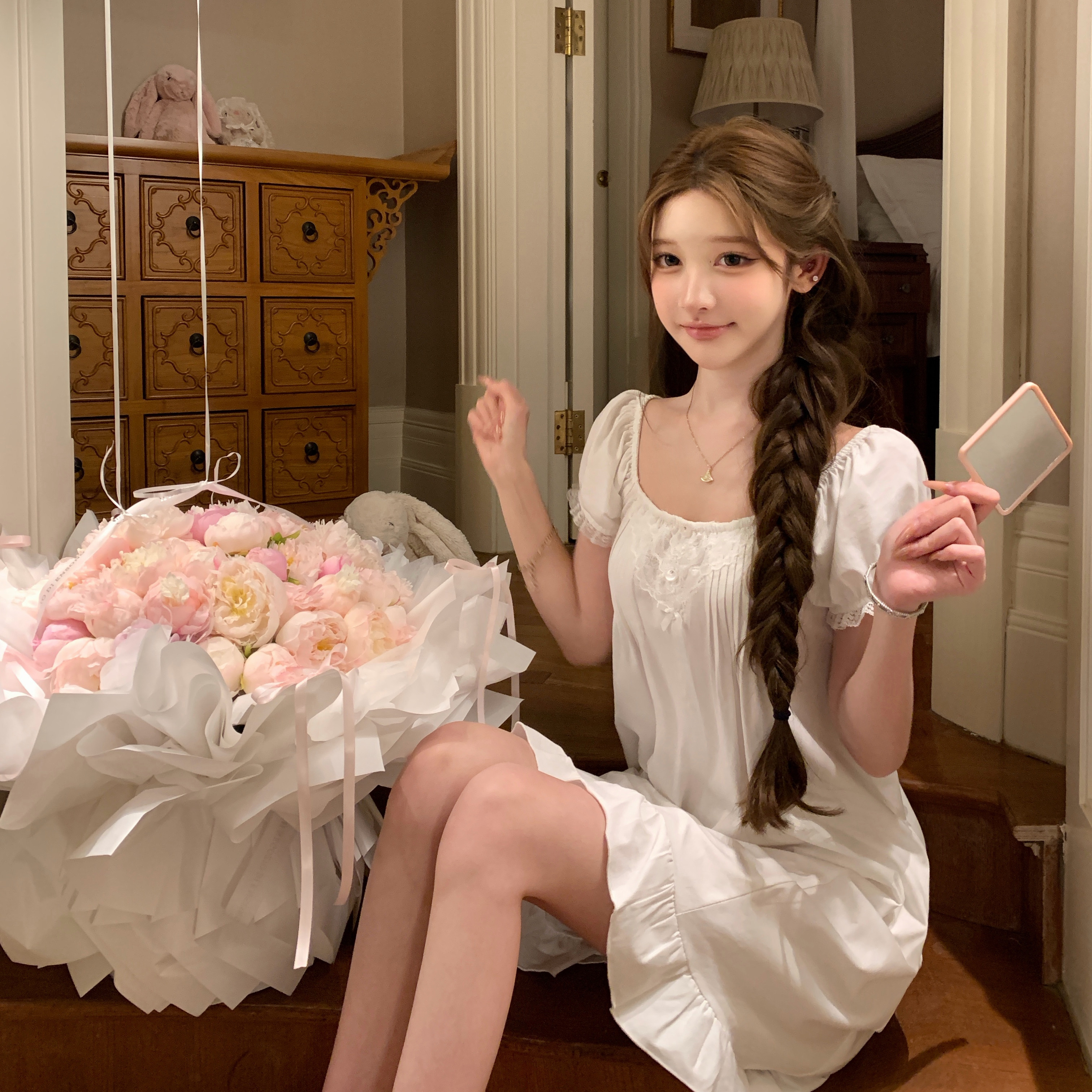 欧若拉睡衣女【月光悠情】夏清纯可爱少女A类亲肤精梳棉短袖睡裙