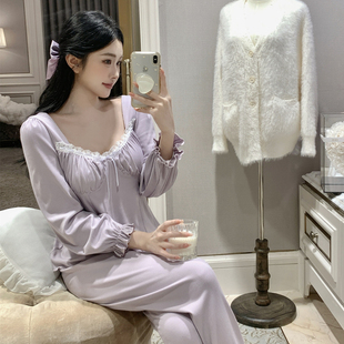 紫韵情缘 长裤 秋季 优雅莫代尔长袖 带胸垫睡衣 法式 欧若拉睡衣女