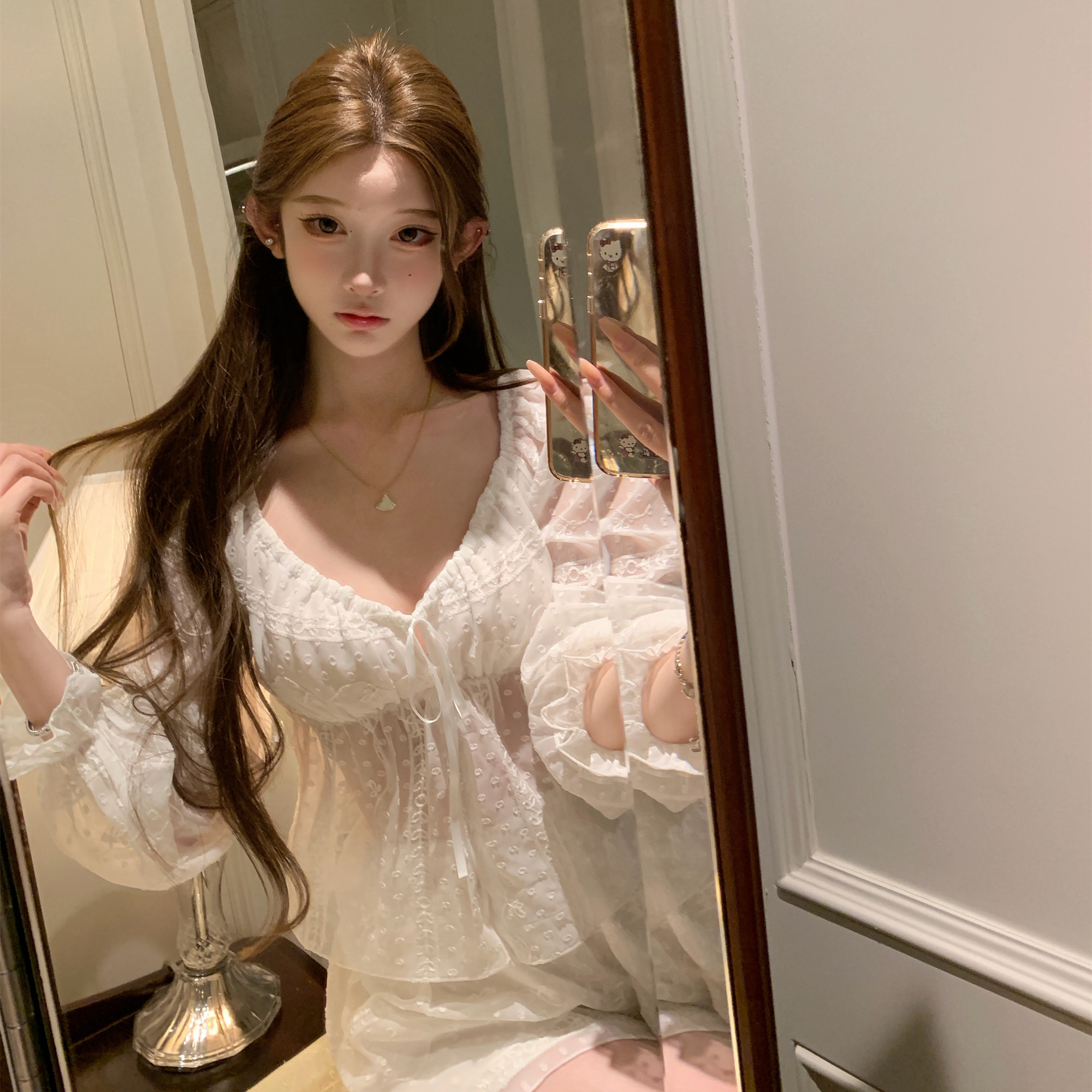 欧若拉睡衣女【仙纱萦梦】少女法式浪漫雪纺刺绣带胸垫长袖短裤夏