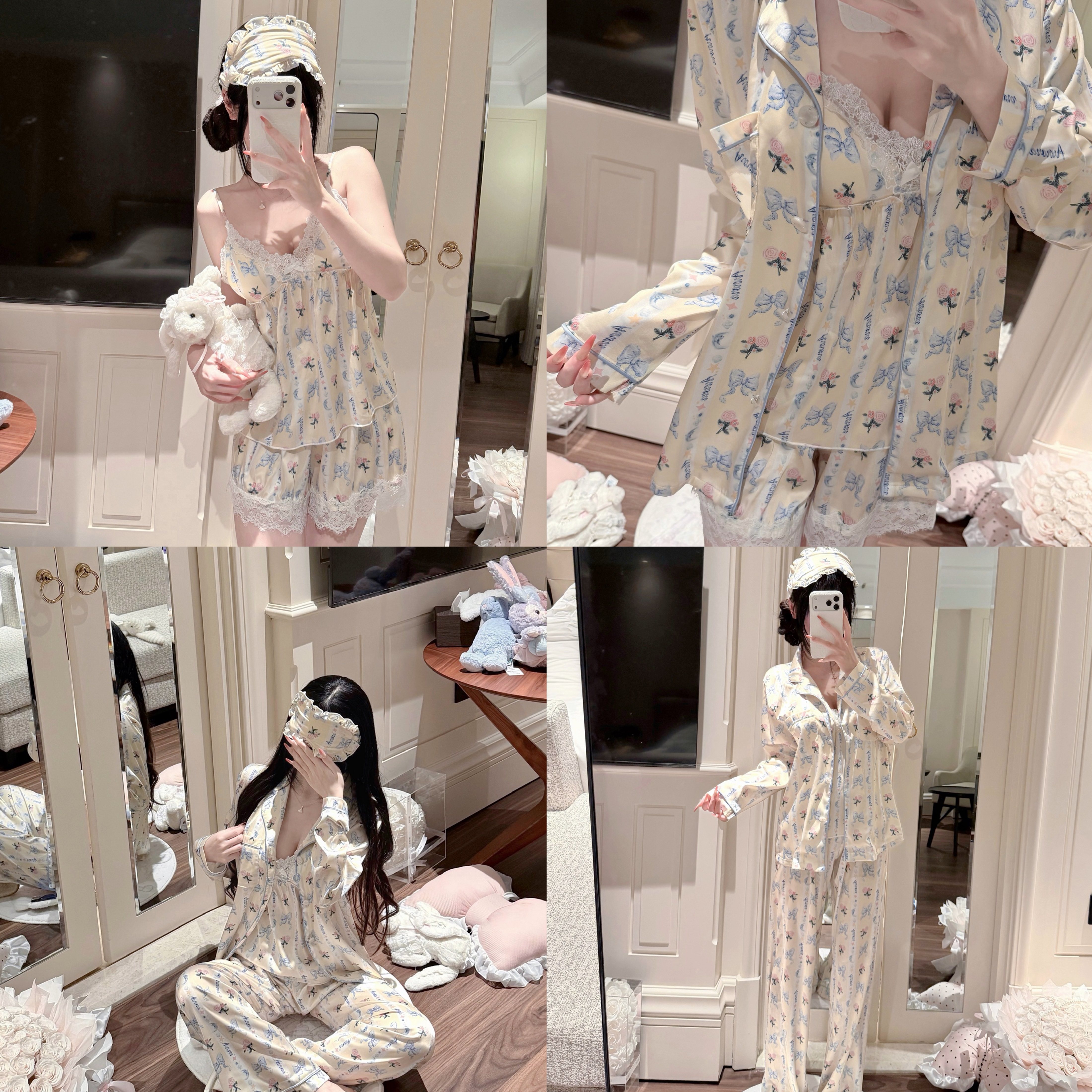 欧若拉睡衣女【原创系列】夏日多巴胺碎花冰丝四件套家居服带胸垫