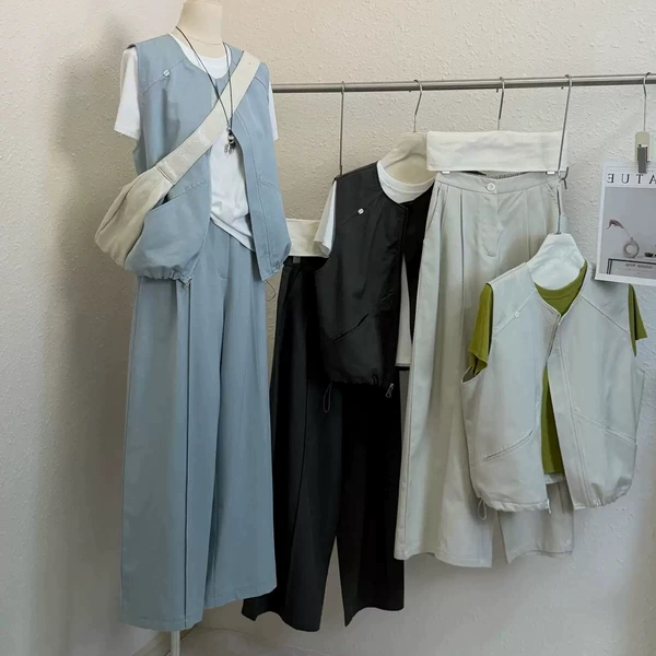 2026春夏闲日常穿搭拉链马甲+短袖T恤+半橡筋腰休闲裤三件套套装