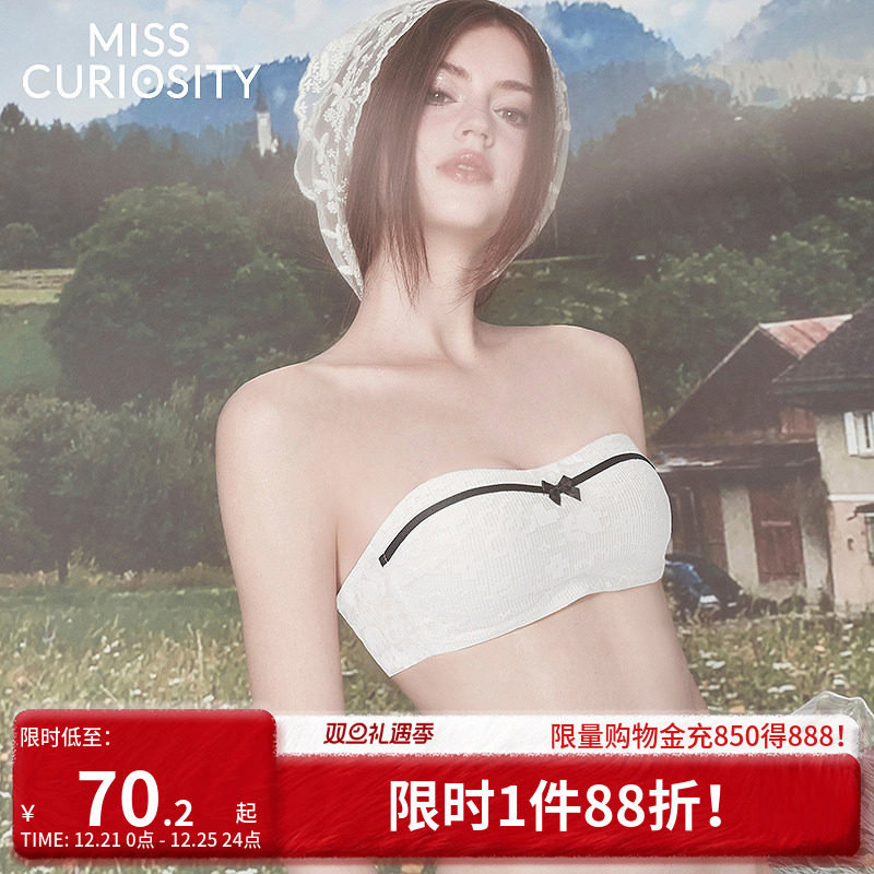 好奇蜜斯无肩带内衣女防滑蕾丝抹胸夏季文胸罩套装薄性感无钢圈黑