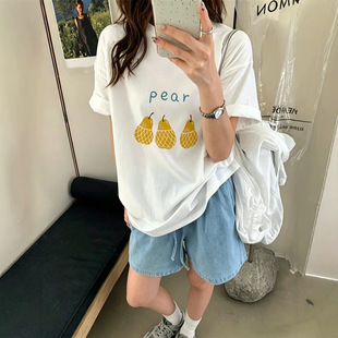 韩系鸭梨字母印花白色纯棉短袖T恤女夏季宽松半袖体恤衫薄款上衣
