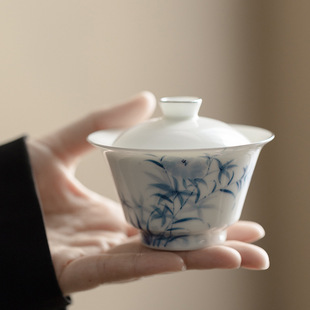 陶瓷手工手绘青花盖碗功夫茶具手工薄胎包银边茶杯品茗杯家用茶杯