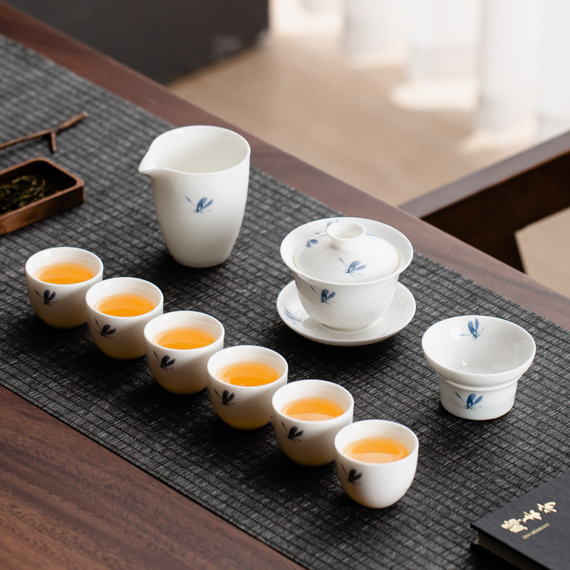 羊脂玉瓷蝴蝶兰功夫茶具套装家用高档泡茶套组中式盖碗茶具茶杯