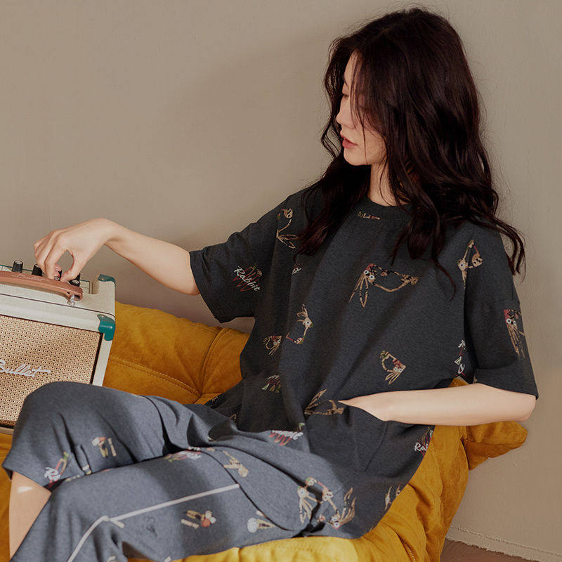 朵婷睡衣女夏季纯棉短袖七分裤卡通家居服全棉长款居家服薄款套装