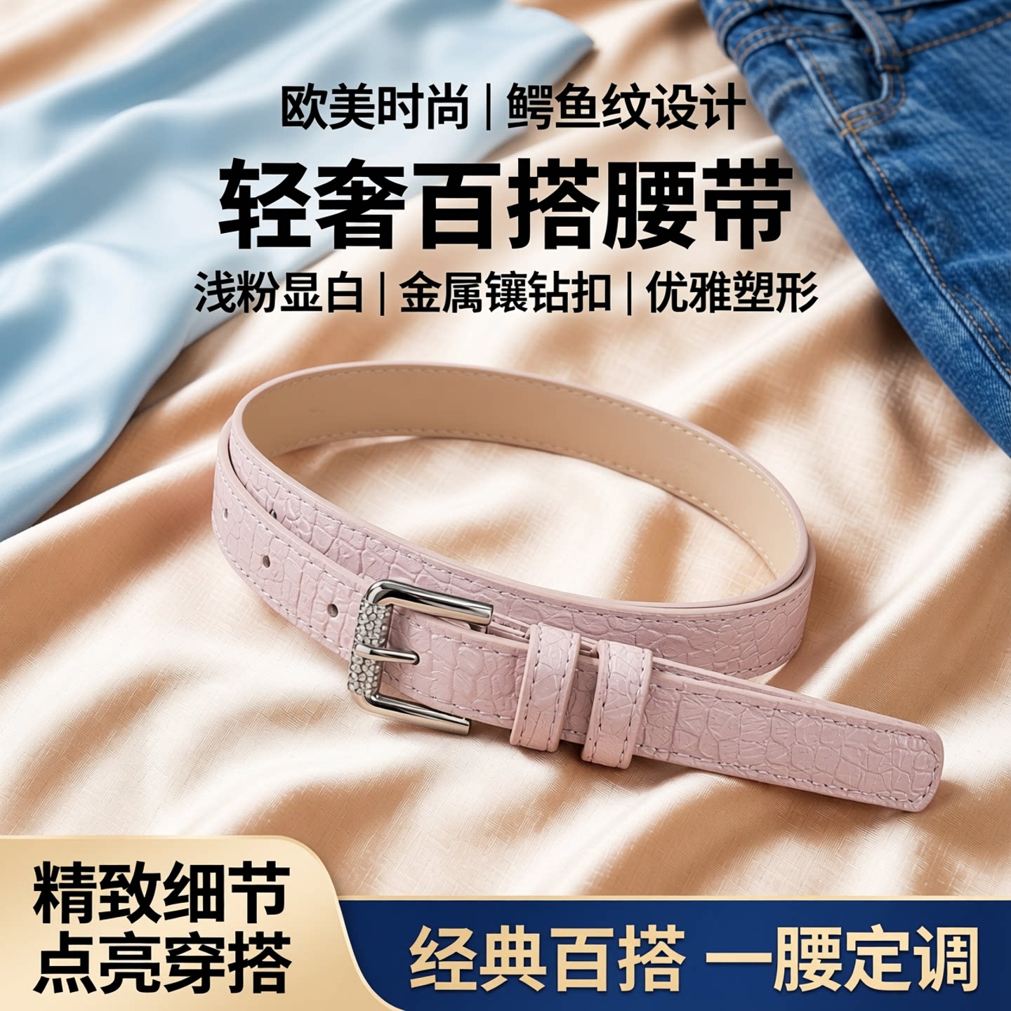 欧美鳄鱼皮女士浅色粉蓝金银驼黑色装饰腰带搭连衣裙牛仔裤皮带