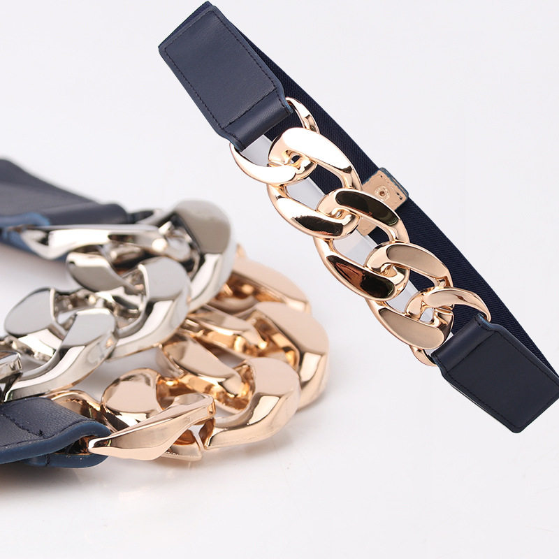 欧美潮流金属粗链条麻花辫机车摇滚朋克风松紧弹性腰封西装饰皮带