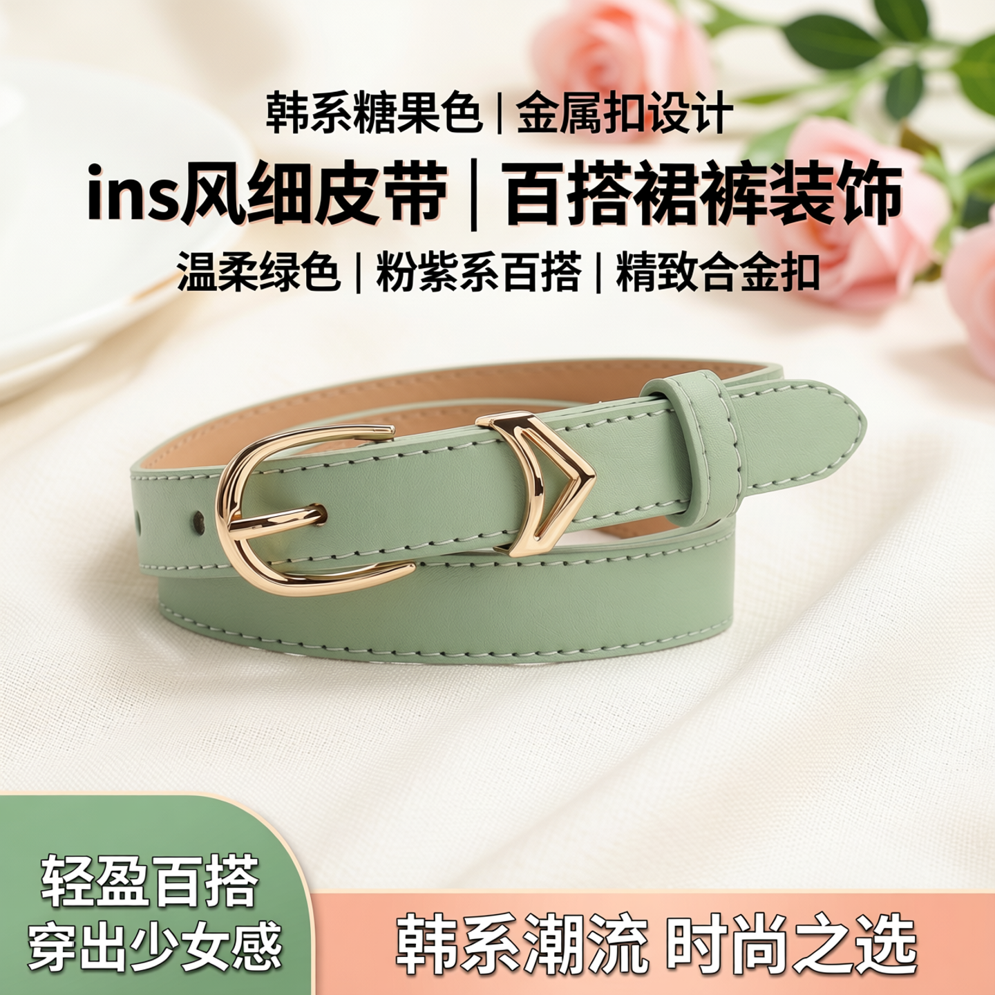 韩版ins风合金女士细皮带百搭裙裤装饰绿粉紫糖果彩色感细皮腰带