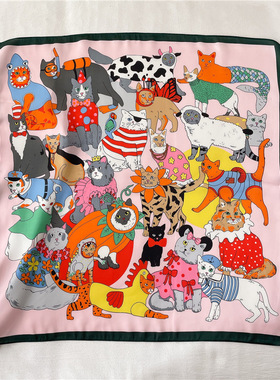 春夏卡通可爱丝巾小方巾仿真丝70cm围巾女韩版猫咪发带装饰包头巾