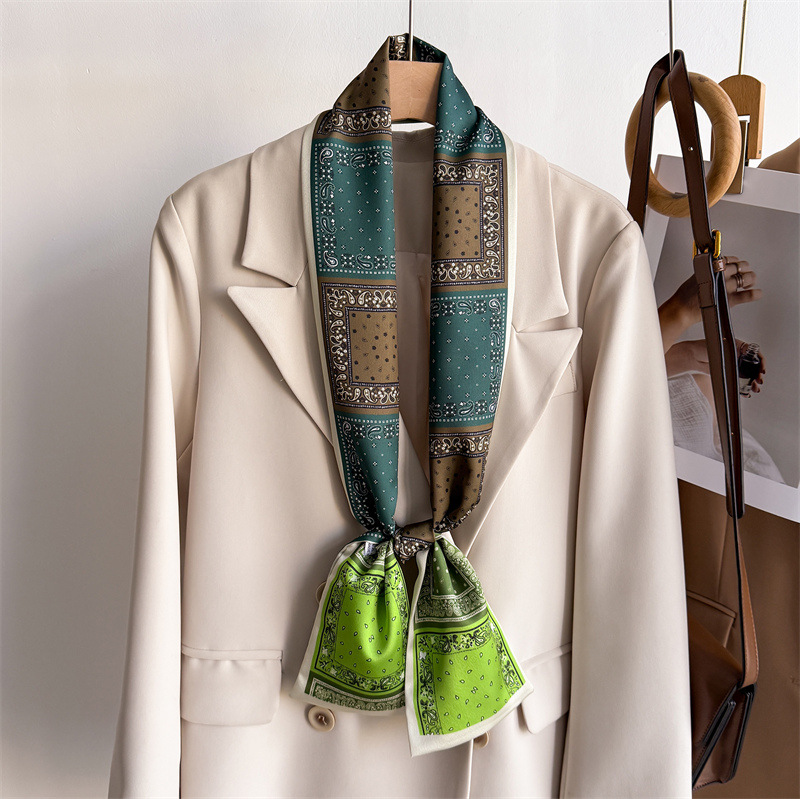 复古腰果双层围巾飘带绑包装饰西装领巾小长条发带丝巾女印花窄细