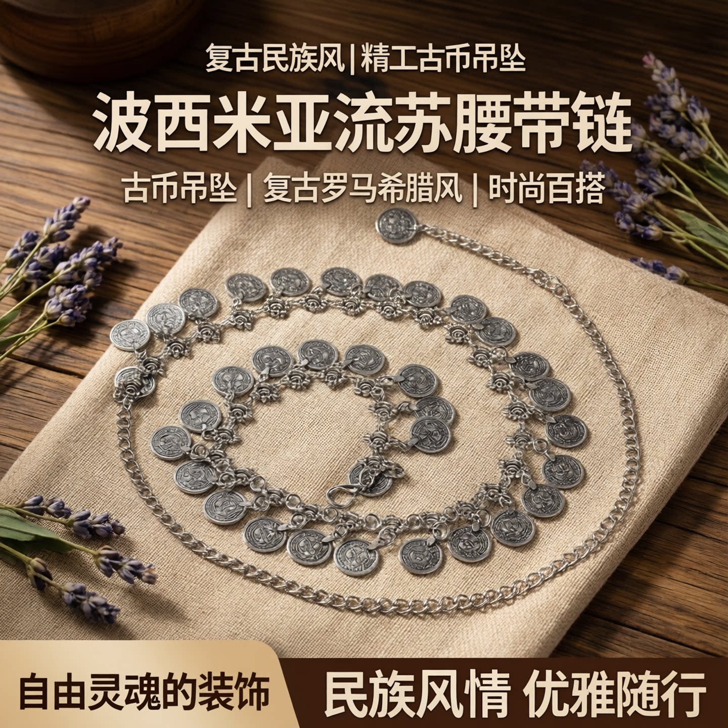 复古罗马希腊民族风金属吊坠古币波西米亚流苏连衣裙配饰腰带链女