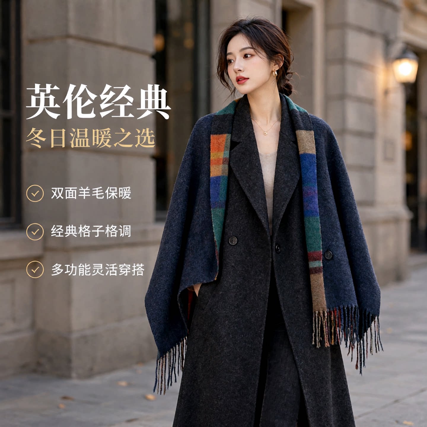 新款西太后格子围巾女士秋冬流苏羊毛斗篷双面披肩多功能保暖围脖