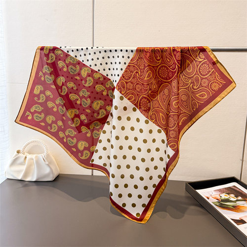 欧美腰果波点拼色真丝印花方巾披肩领巾感系脖小方头巾丝巾围巾女