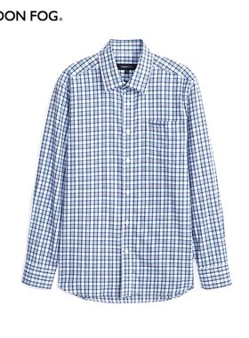 伦敦雾秋季新款全棉商务长袖青年白底蓝色磨毛格子休闲绅士衬衫男