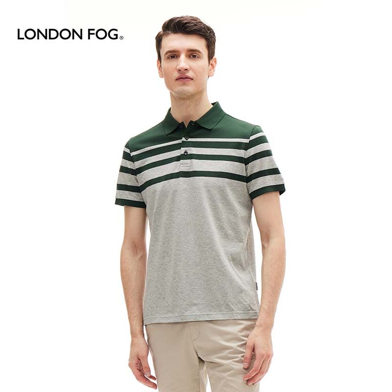 伦敦雾夏季全棉商务休闲合身版短袖丝t中青年条纹polo领透气t恤男
