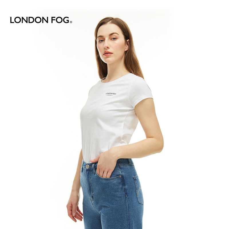 伦敦雾夏季新款冰棉简洁休闲合身版短袖棉t包边圆领冰棉印花t恤女