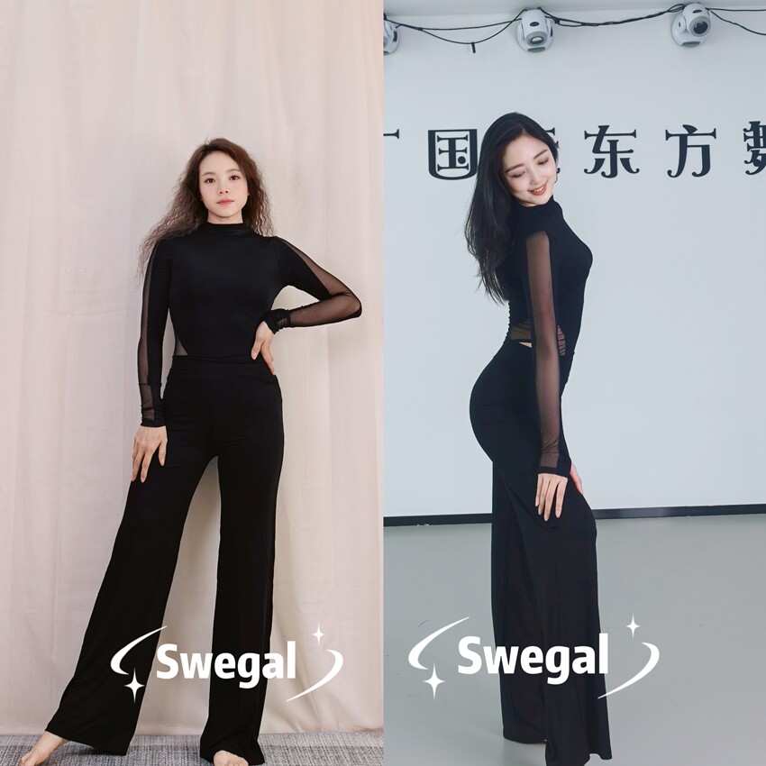 swegal新款肚皮舞练功服黑色莫代尔拼网纱连体上衣直筒裤柔软显瘦