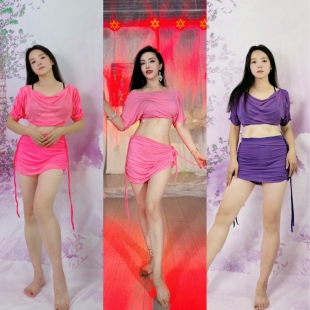swegal肚皮舞练功服东方舞粉色莫代尔荡领蝙蝠袖 短裙 加自带安全裤