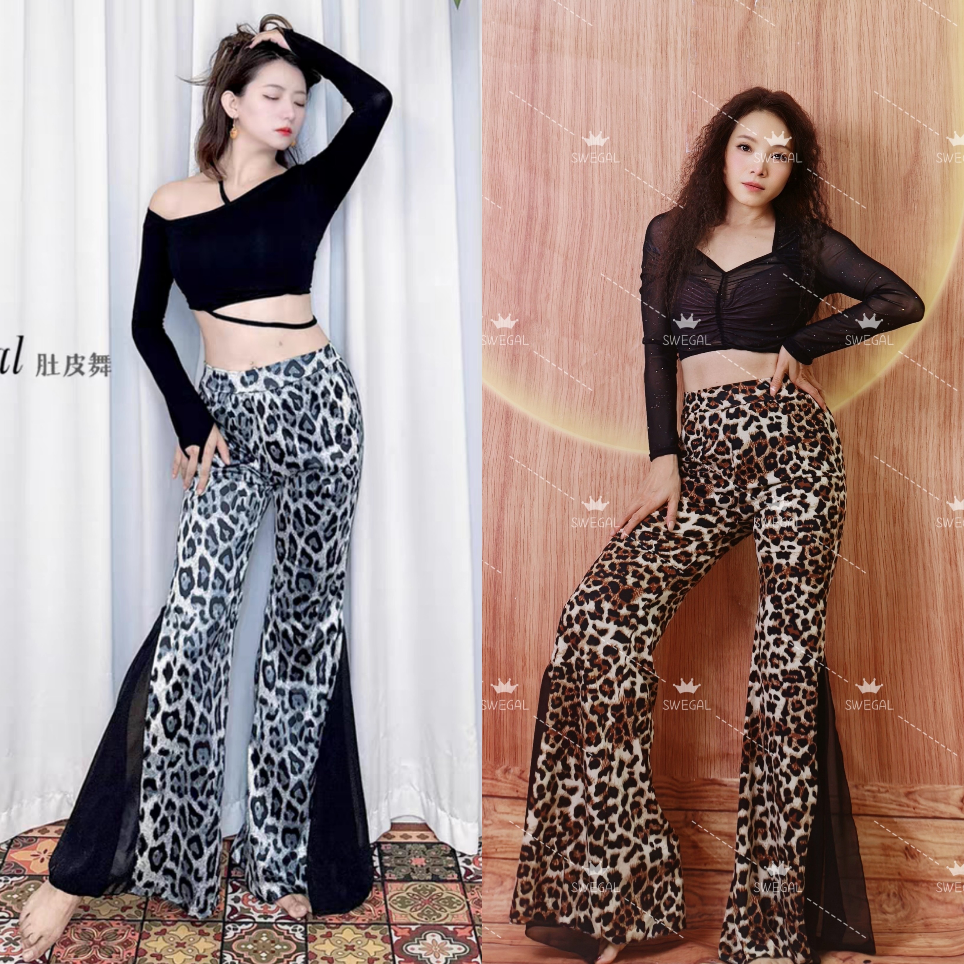 swegal肚皮舞练功服露肩勾指上衣加豹纹插片喇叭裤东方舞服装新手,运动/瑜伽/健身/球迷用品,肚皮舞套装(演出服),淘宝优惠券,粉丝福利购,淘宝优惠卷