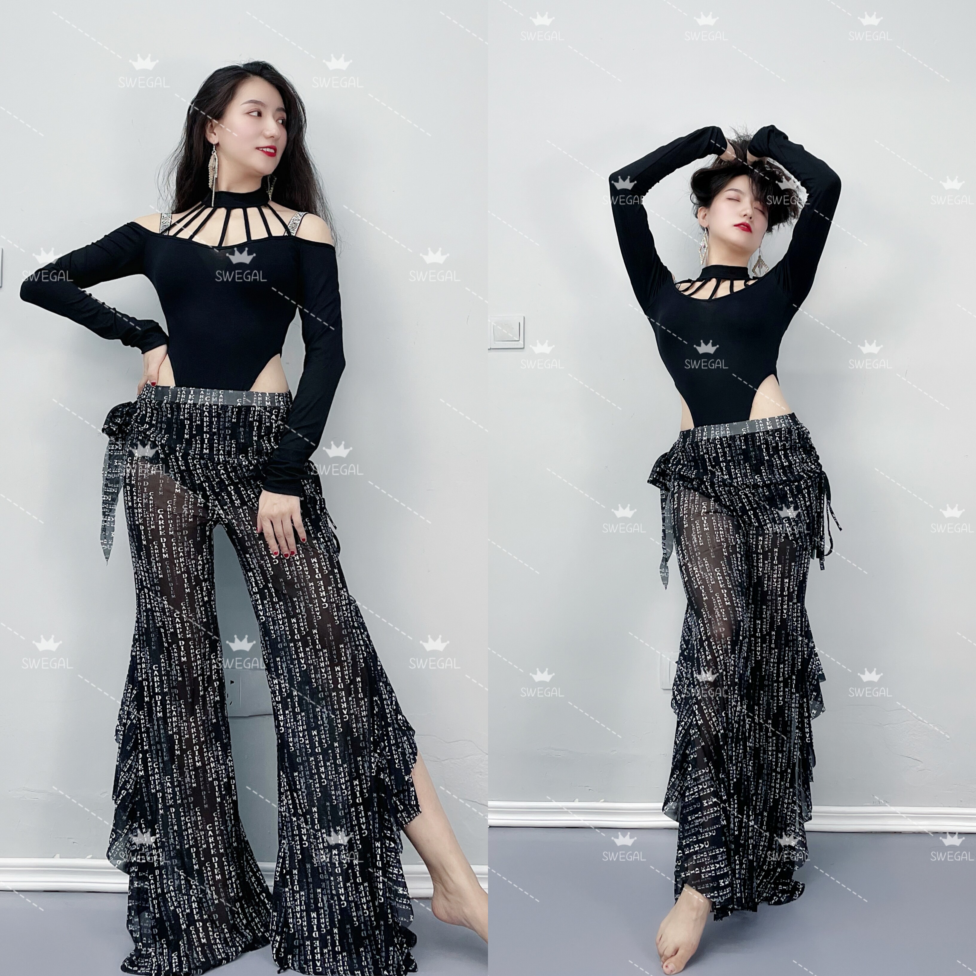 swegal肚皮舞练功服东方舞服装莫代尔镂空连体上衣字母网纱大摆裤