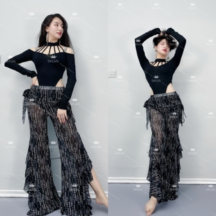 swegal肚皮舞练功服东方舞服装莫代尔镂空连体上衣字母网纱大摆裤