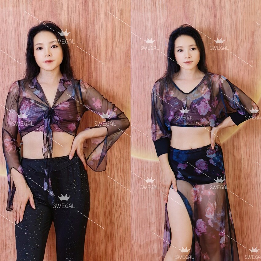 swegal肚皮舞练功服黑粉紫印花网纱上衣系绑开叉袖蝙蝠袖短款性感