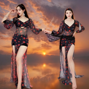 swegal肚皮舞练功服东方舞黑底红玫瑰灯笼袖袍子五件套新手性感