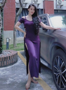 swegal肚皮舞东方舞夜店酱紫色撒银冰丝镂空露腰连衣裙性感写真大