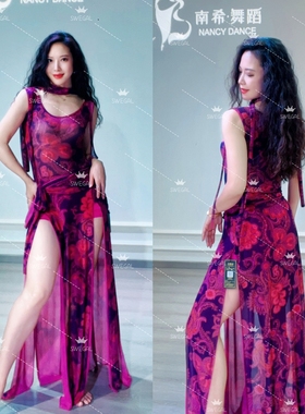 swegal2025新款肚皮舞练功服东方舞洋红印花网纱袍子四件套显白