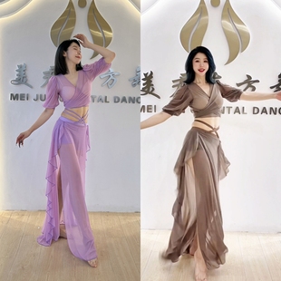 swegal肚皮舞服装2025夏季新款网纱灯笼袖上衣花边双开叉长裙新手