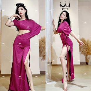 swegal肚皮舞练功服东方舞撒银冰丝单边露肩腰蝙蝠袖连衣裙简约