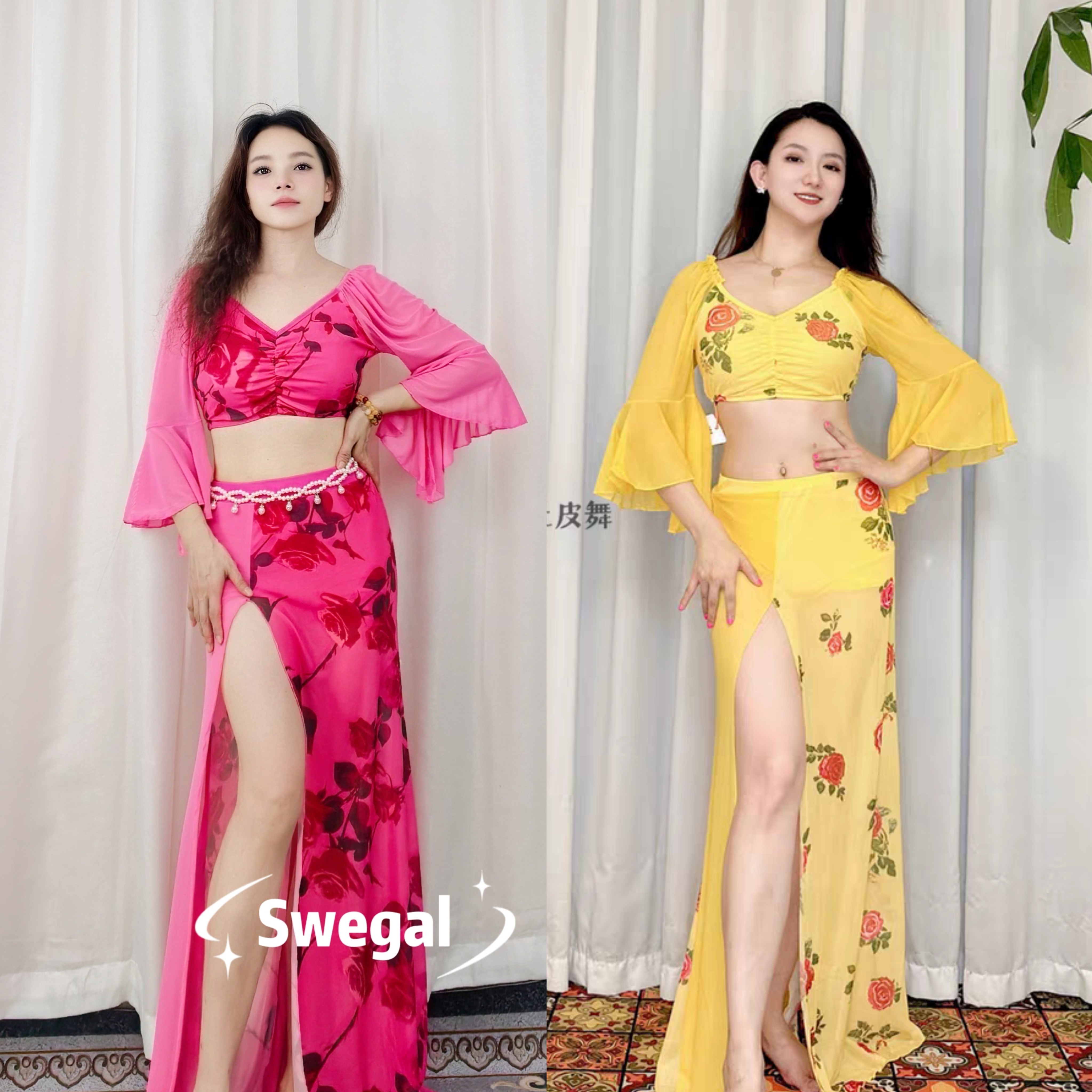 SWEGAL肚皮舞练功服玫粉玫瑰印花网纱飘逸柔美东方舞舞蹈服喇叭袖