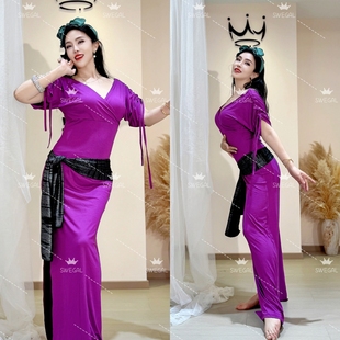 swegal肚皮舞服装紫红莫代尔袍子三件套配黑银腰巾东方舞服装显白
