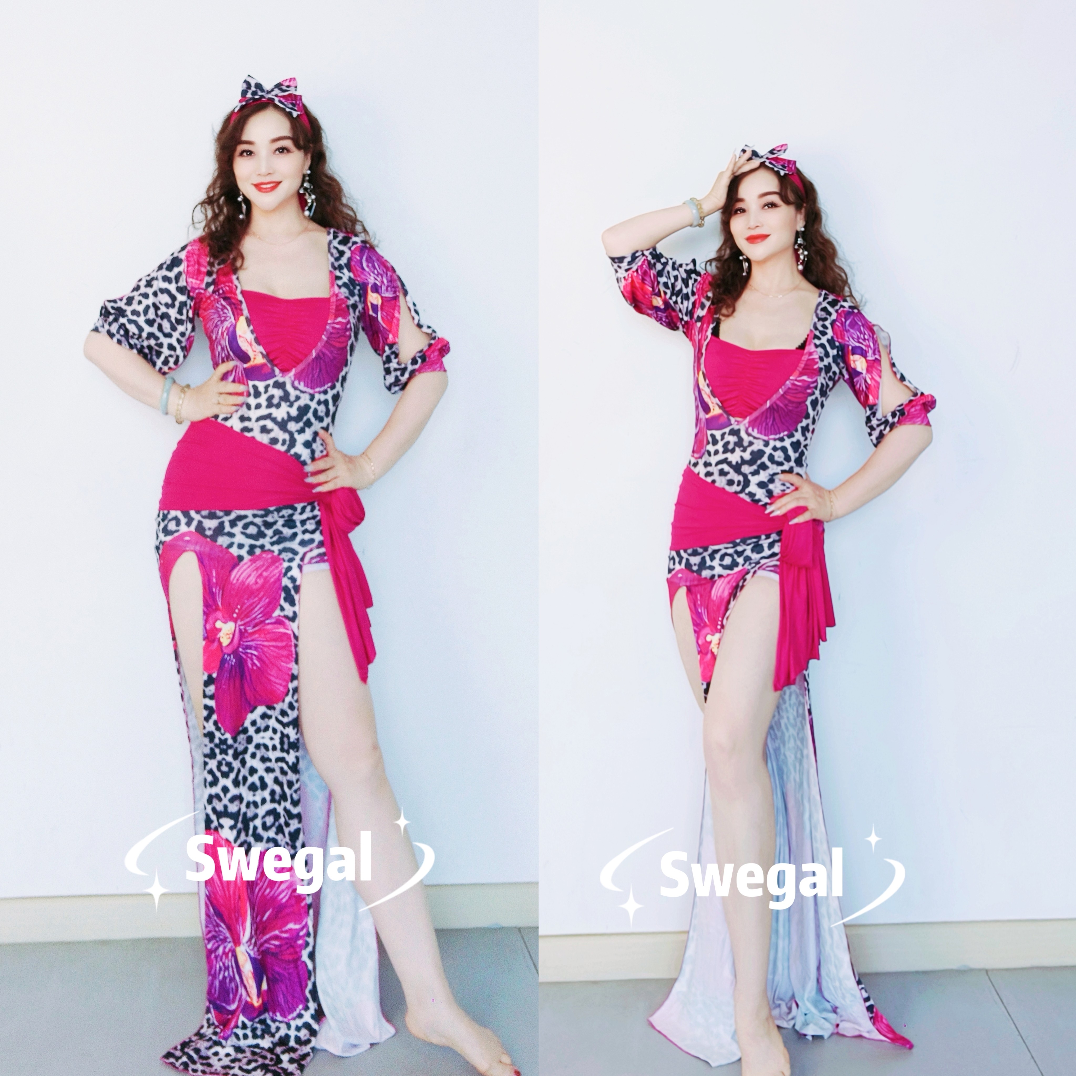 SWEGAL肚皮舞练功服灰豹纹紫玫红大花袍子baladi民俗风五件套宽松