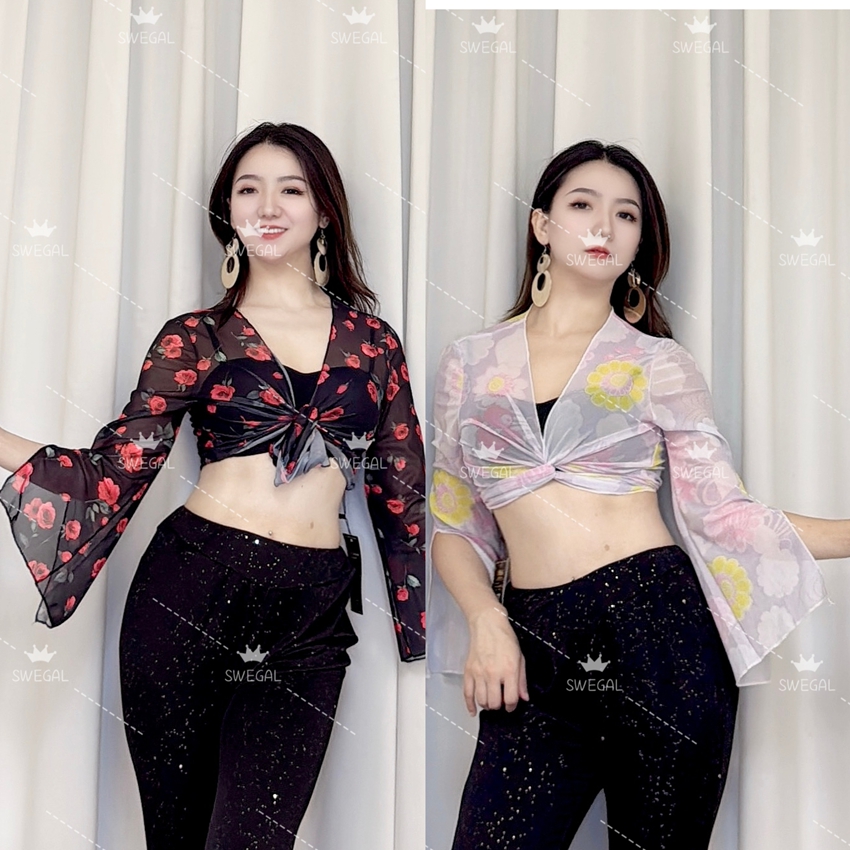 swegal肚皮舞上衣两色网纱印花开叉袖上衣东方舞上衣性感显瘦百搭