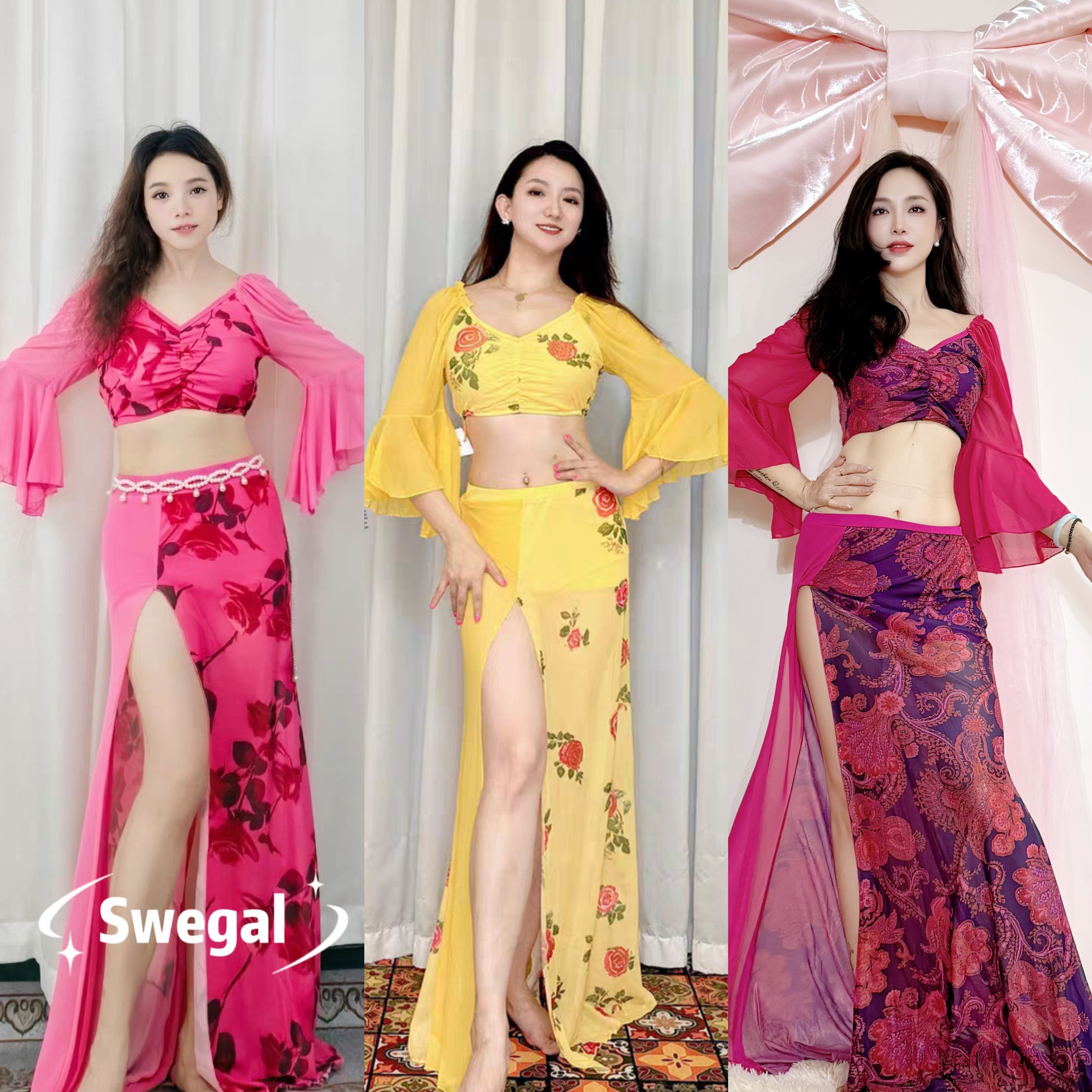 SWEGAL肚皮舞练功服玫粉玫瑰印花网纱喇叭袖飘逸柔美东方舞舞蹈服