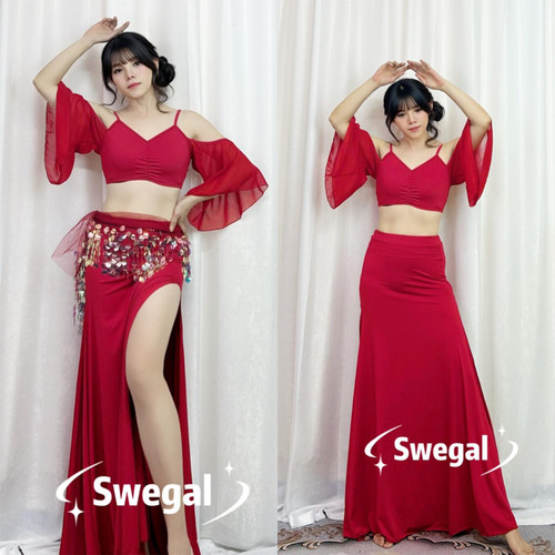 SWEGAL酒红露肩肚皮舞大师服性感