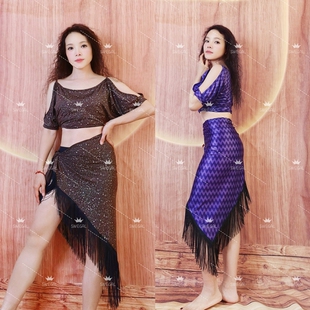 swegal肚皮舞练功服东方舞服装 上衣百搭流苏三角臀巾两色 蝙蝠袖