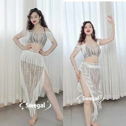 swegal肚皮舞练功服东方舞服饰紫白鼓舞流苏三角裙套性感大码动感