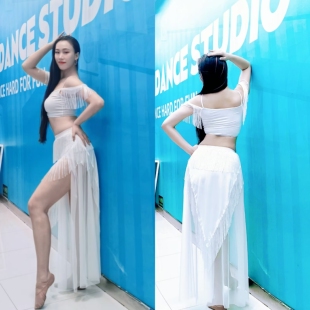 swegal肚皮舞练功服白色网纱鼓舞流苏裙长款套装东方舞服装显气质