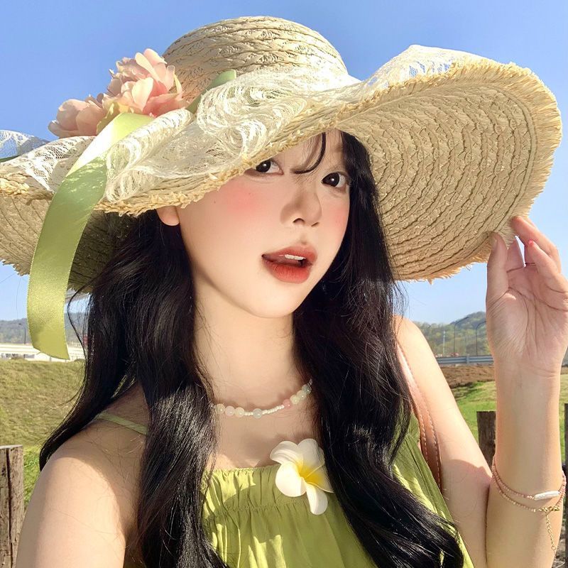 花朵点缀~蕾丝拉菲草帽女海边沙滩度假风大帽檐遮阳防晒太阳帽子